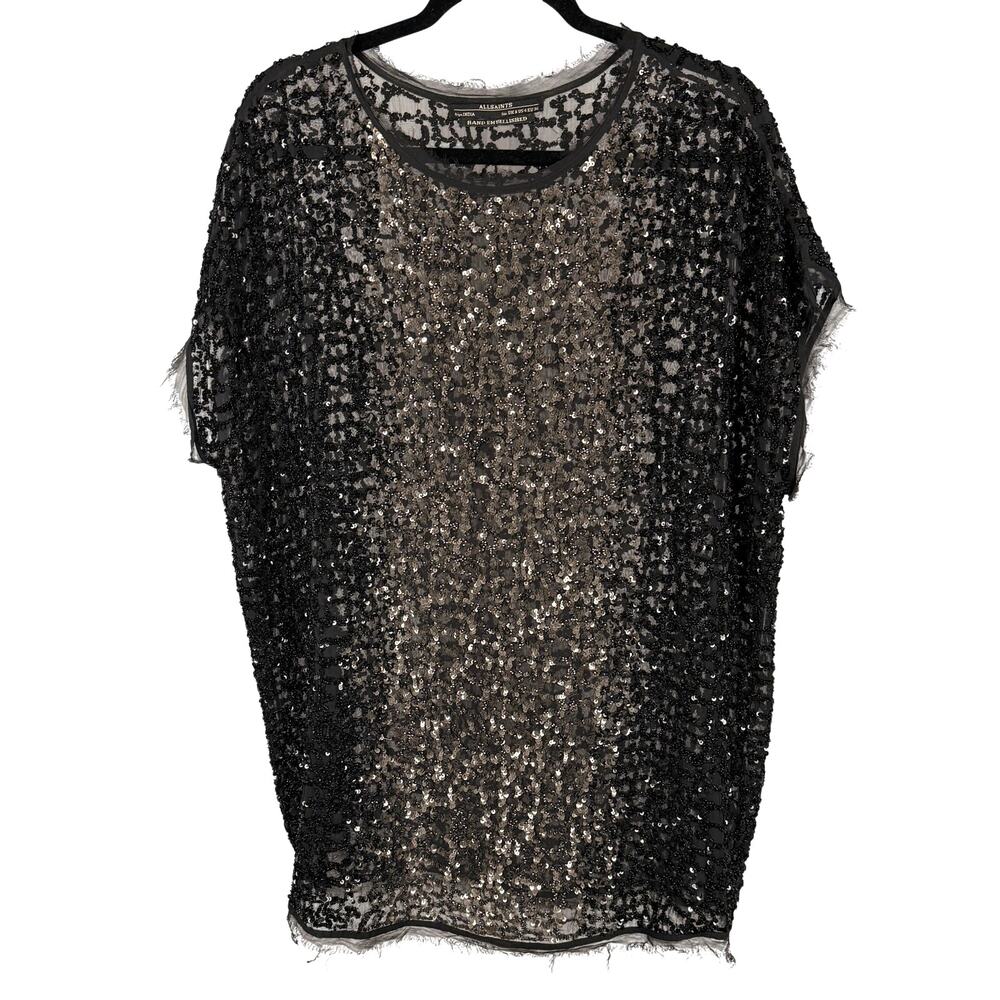 AllSaints Black/gunmetal "Lyle Tee Hand-Embellished" minidress sz 4 oversized ~8